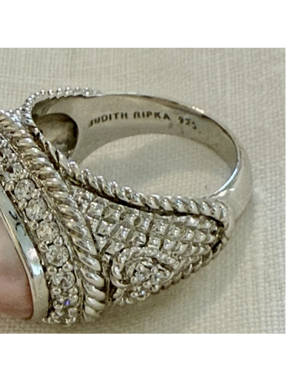 Judith Ripka Signed 925 Silver Pink Oval Mabe Pearl Halo Ring Size 7 Cocktail